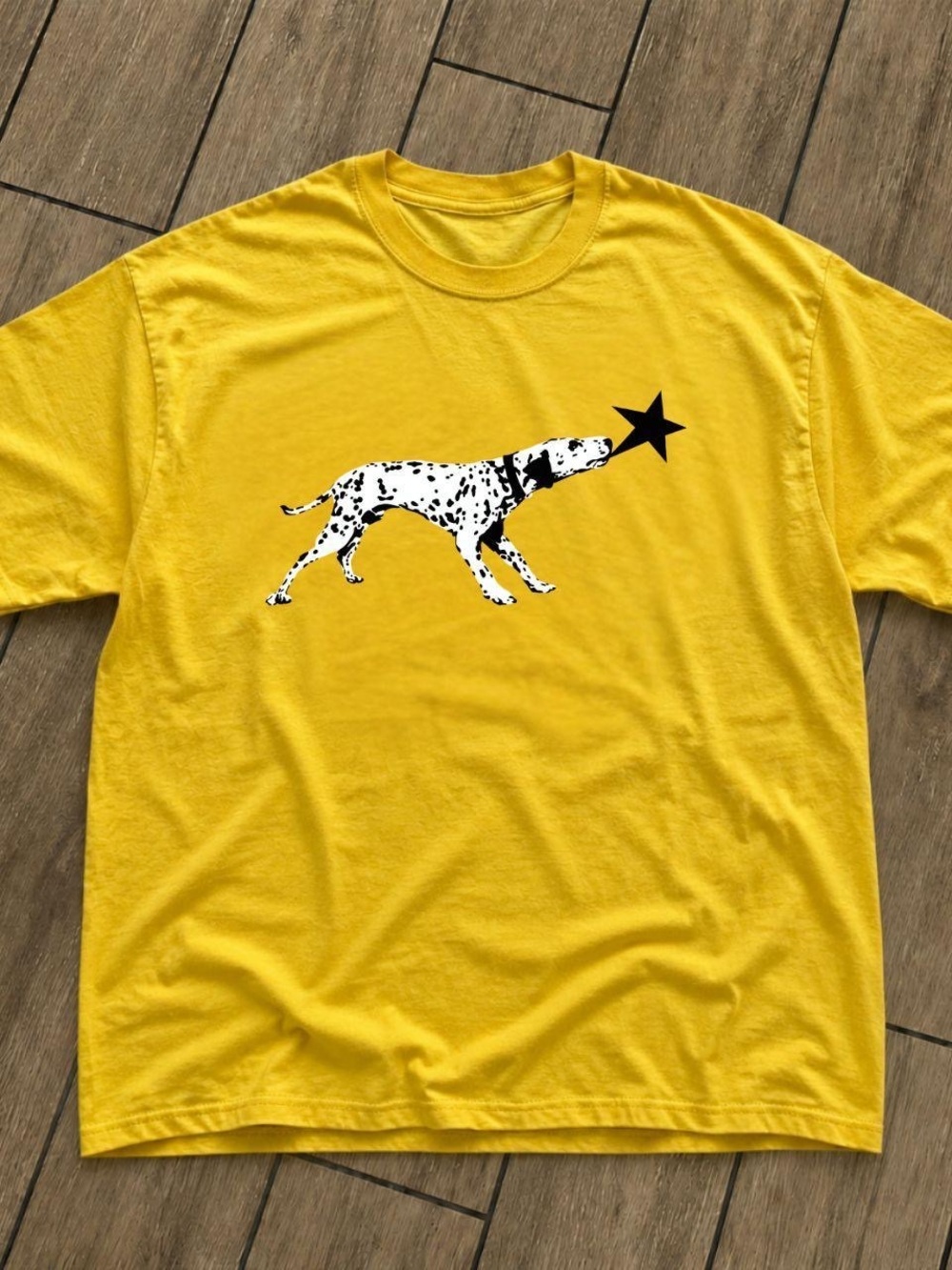 Gildan Yellow T-Shirt with Black-and-White Dalmatian Star Graphic